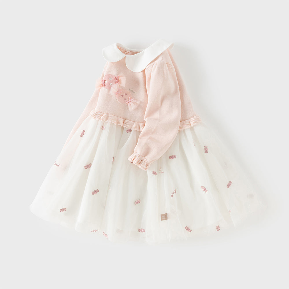 فستان بناتي طويل الأكمام باللون الوردي من القماش المحبوك، بتنورة تول بأسلوب أميرة