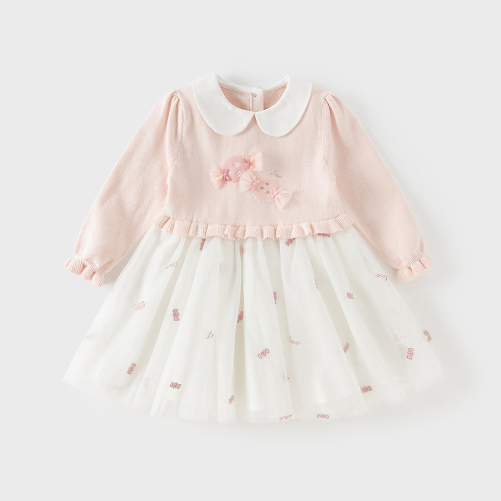 فستان بناتي طويل الأكمام باللون الوردي من القماش المحبوك، بتنورة تول بأسلوب أميرة