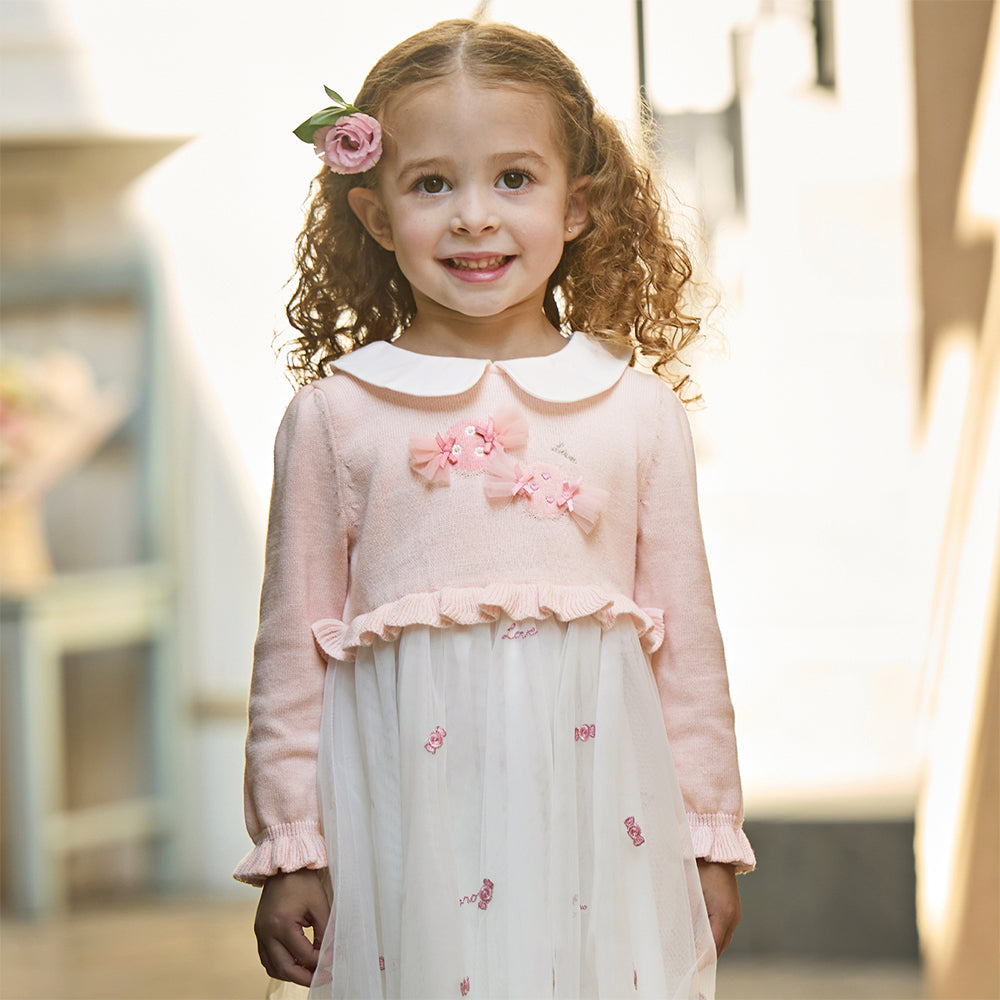 فستان بناتي طويل الأكمام باللون الوردي من القماش المحبوك، بتنورة تول بأسلوب أميرة