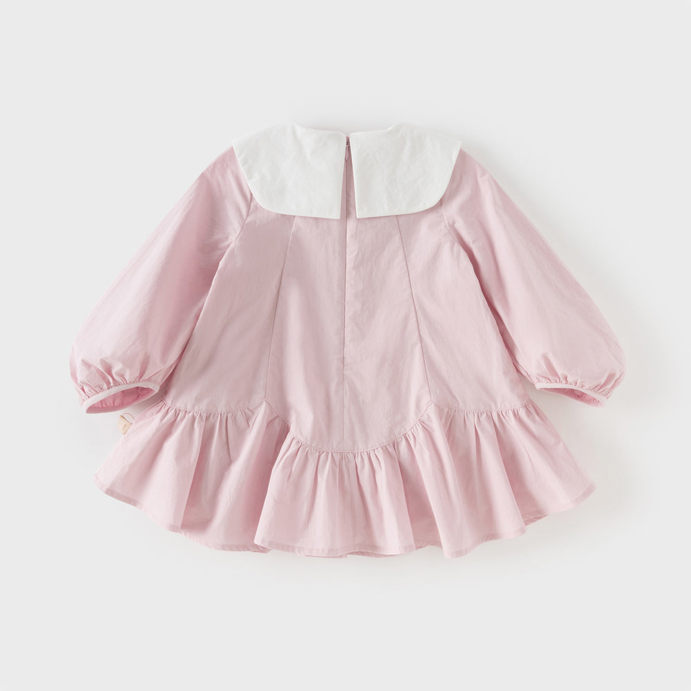 فستان بنات بأكمام طويلة من القطن باللون وردي، أسلوب لطيف