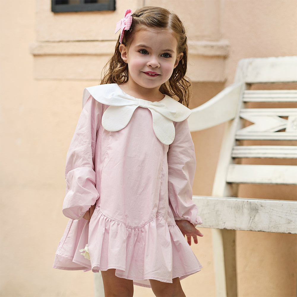 فستان بنات بأكمام طويلة من القطن باللون وردي، أسلوب لطيف