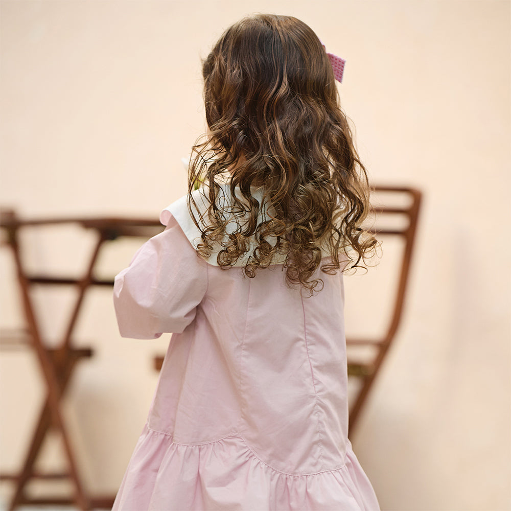 فستان بنات بأكمام طويلة من القطن باللون وردي، أسلوب لطيف