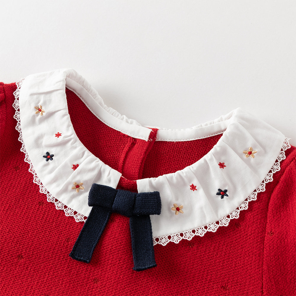 فستان بنات طويل الأكمام باللون الأحمر من قماش محبوك مع تنورة تول بأسلوب أميرة مزينة بتطريز زهور