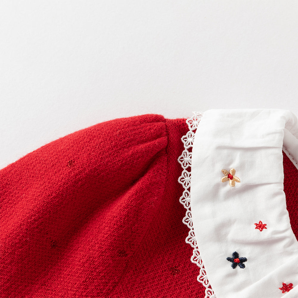 فستان بنات طويل الأكمام باللون الأحمر من قماش محبوك مع تنورة تول بأسلوب أميرة مزينة بتطريز زهور