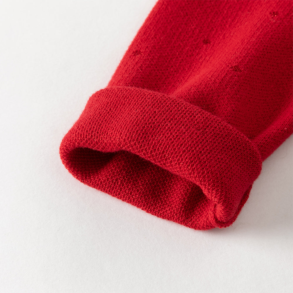 فستان بنات طويل الأكمام باللون الأحمر من قماش محبوك مع تنورة تول بأسلوب أميرة مزينة بتطريز زهور