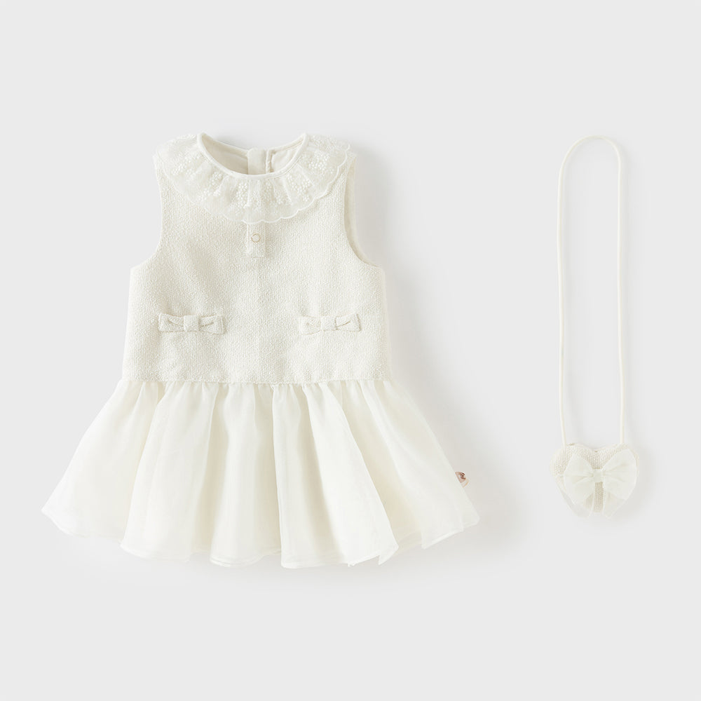 فستان بناتي بدون أكمام من قماش تويد، بتنورة تول بأسلوب أميرة(يشمل حقيبة كروس)