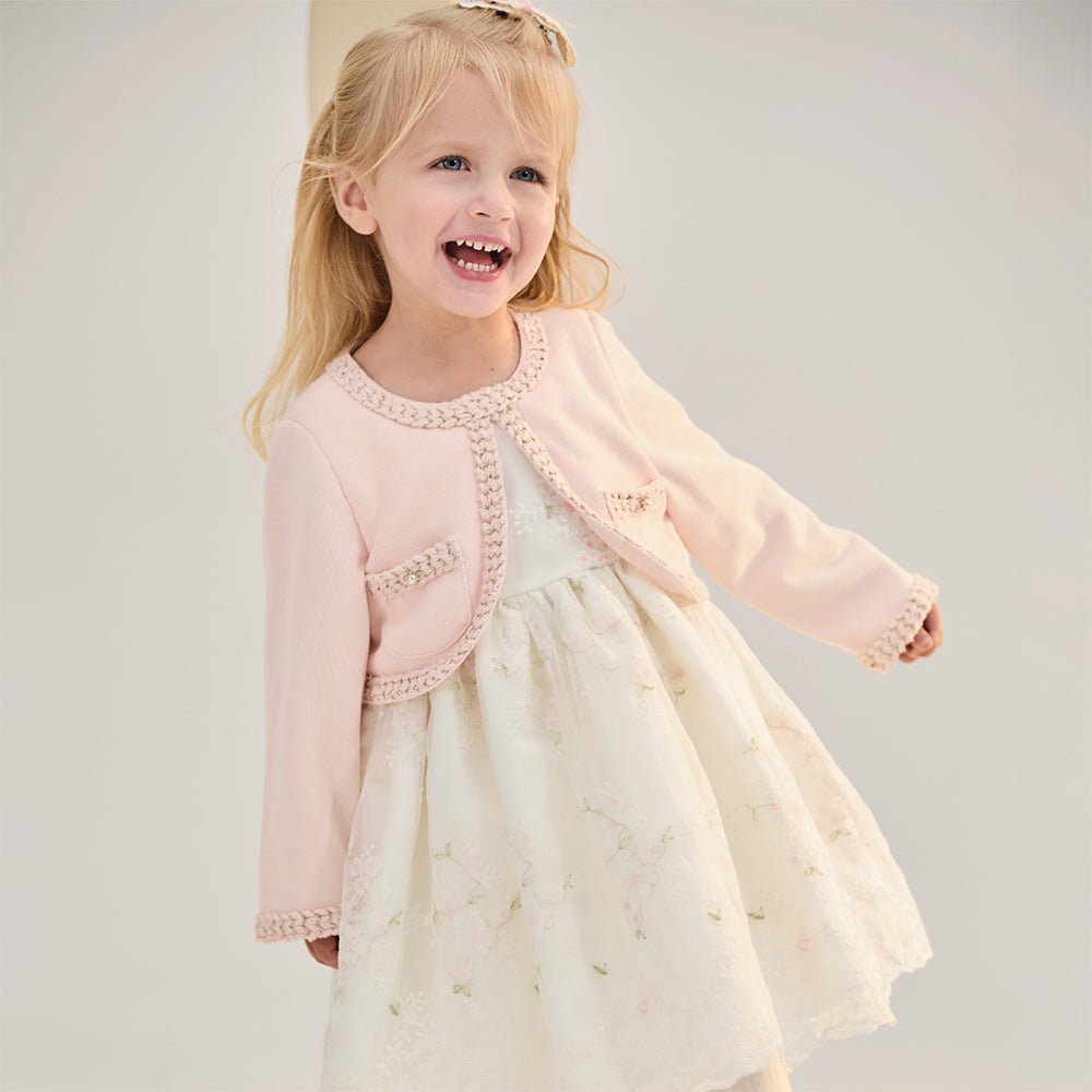 فستان بنات بأكمام طويلة باللون الوردي من قماش تويد مع تنورة تول بأسلوب أميرة