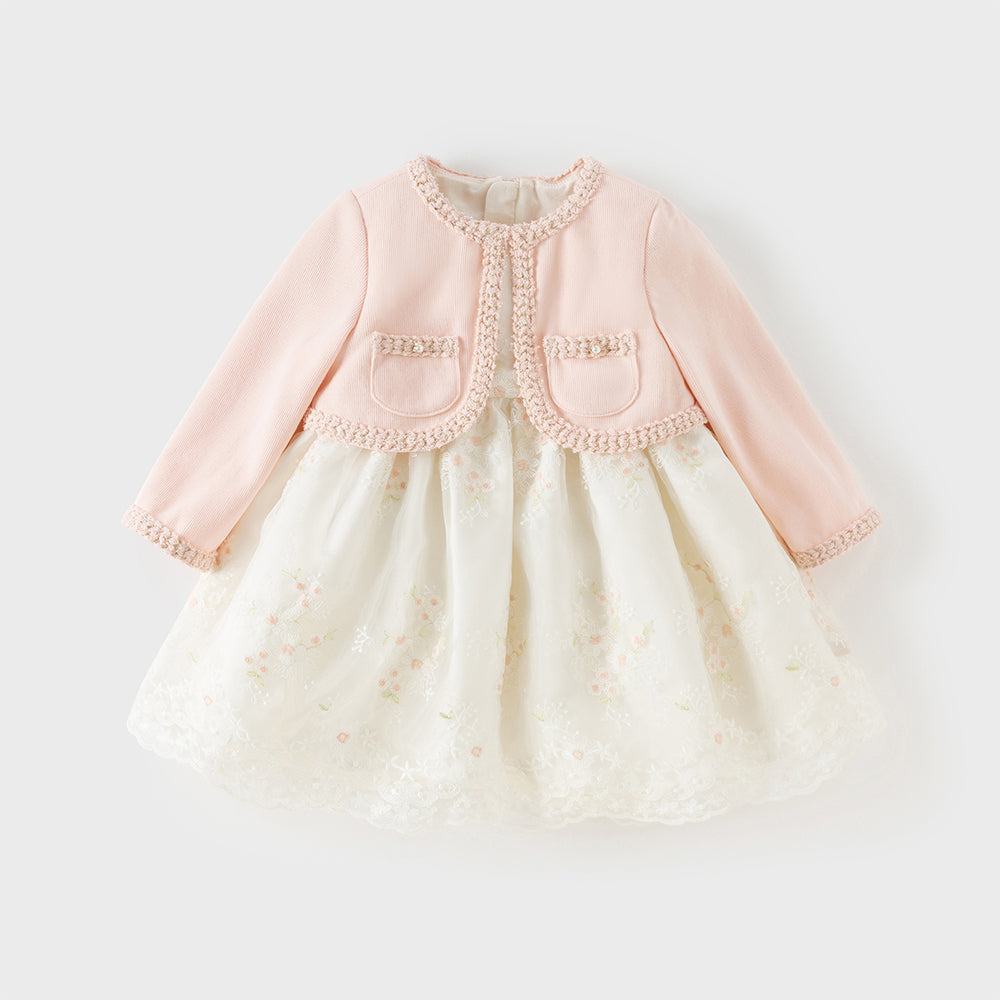 فستان بنات بأكمام طويلة باللون الوردي من قماش تويد مع تنورة تول بأسلوب أميرة