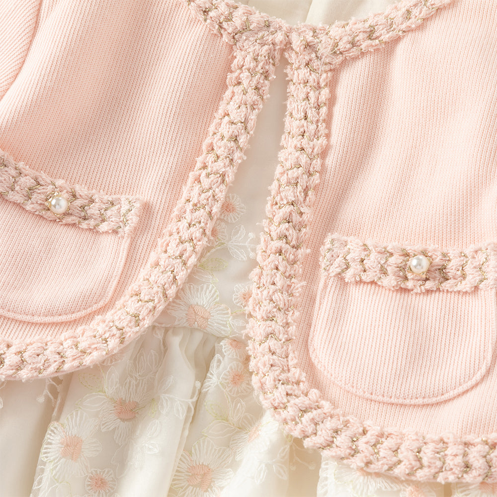 فستان بنات بأكمام طويلة باللون الوردي من قماش تويد مع تنورة تول بأسلوب أميرة