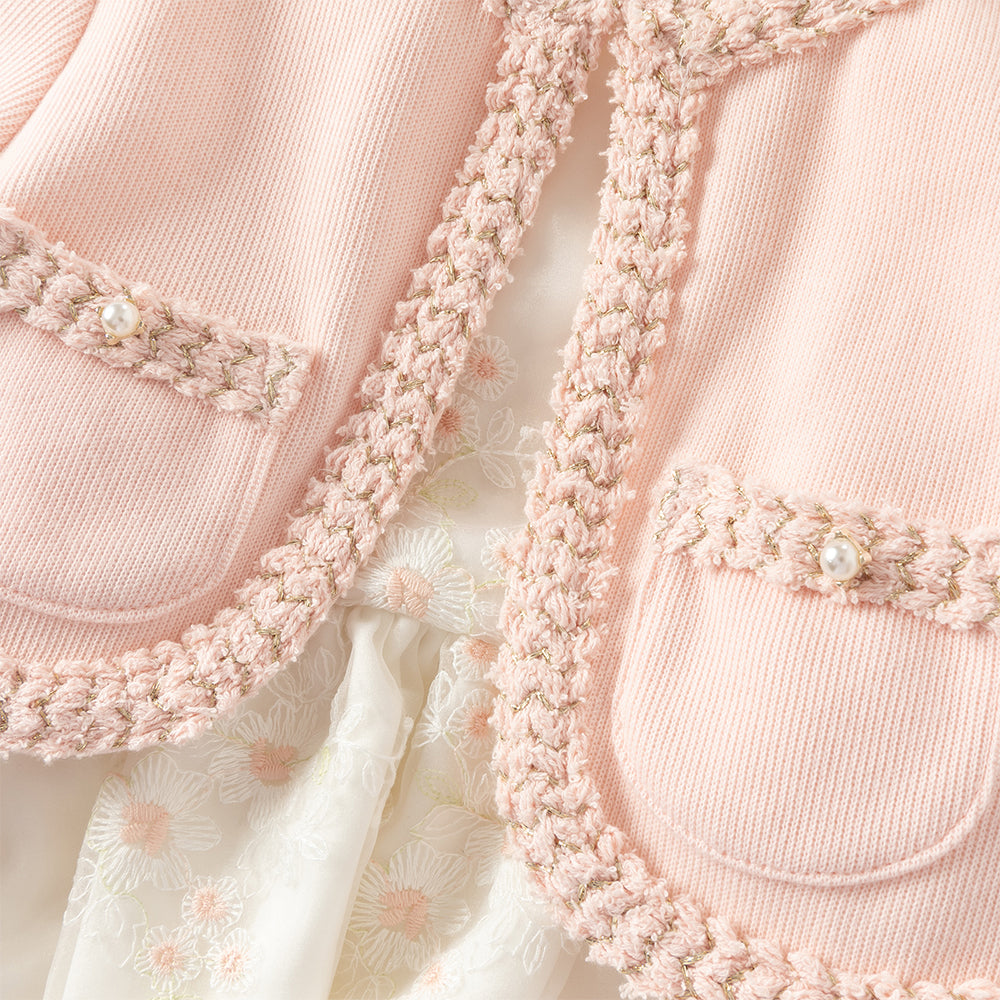 فستان بنات بأكمام طويلة باللون الوردي من قماش تويد مع تنورة تول بأسلوب أميرة