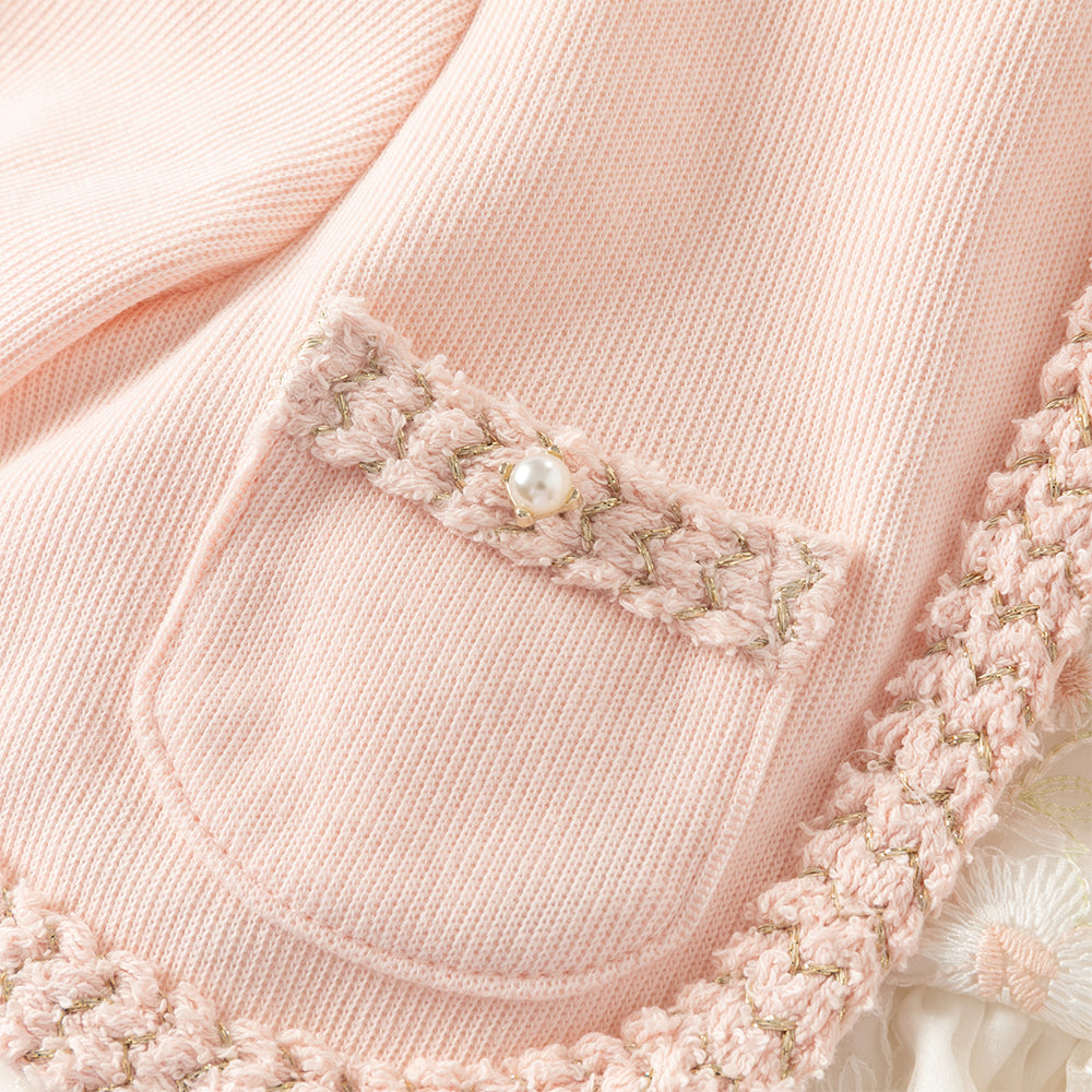 فستان بنات بأكمام طويلة باللون الوردي من قماش تويد مع تنورة تول بأسلوب أميرة