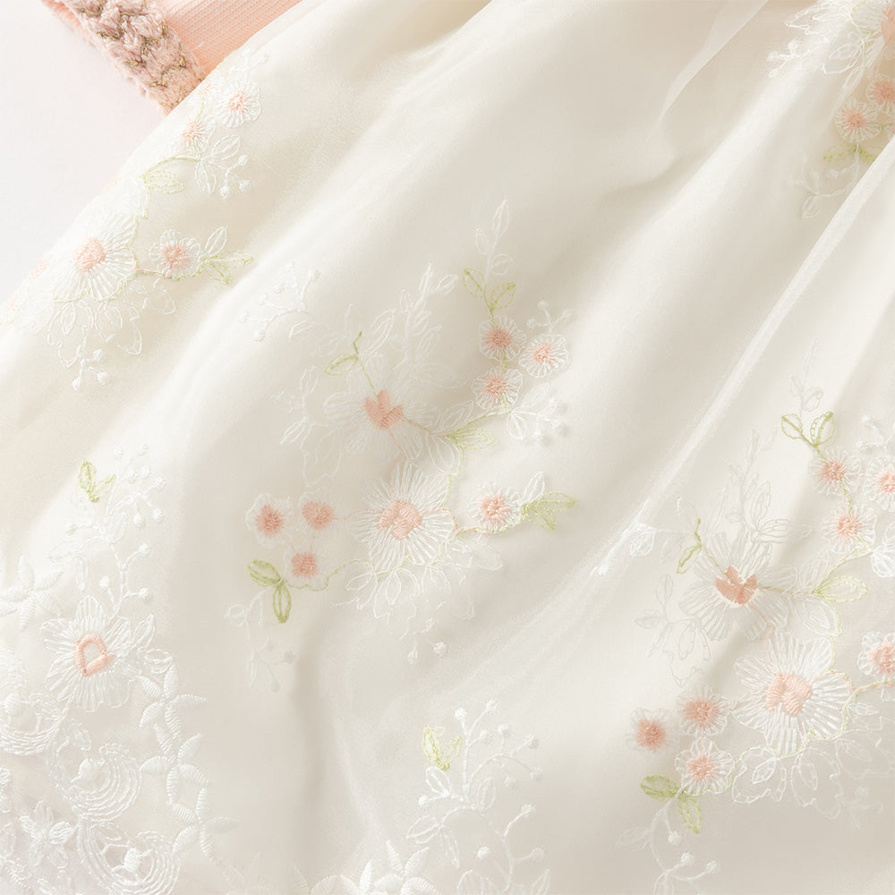 فستان بنات بأكمام طويلة باللون الوردي من قماش تويد مع تنورة تول بأسلوب أميرة