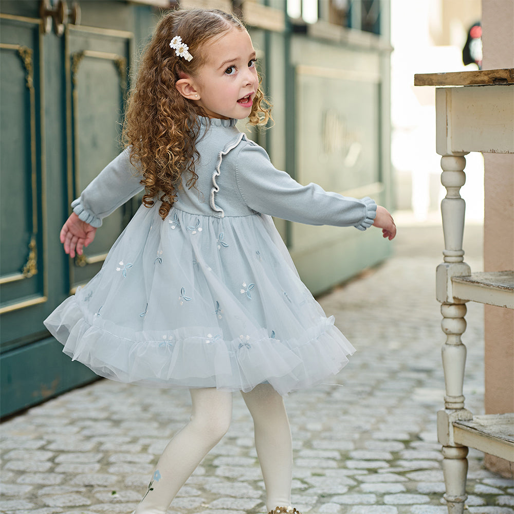 فستان بناتي طويل الأكمام بلون أزرق فاتح من قماش محبوك، بتنورة تول بأسلوب أميرة مزينة بزنبق الوادي