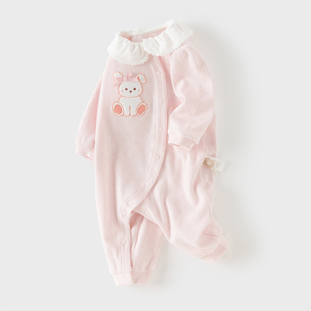 رومبر أطفال بناتي من القطن باللون الوردي الفاتح مع تطريز أرنب وياقة مكشكشة