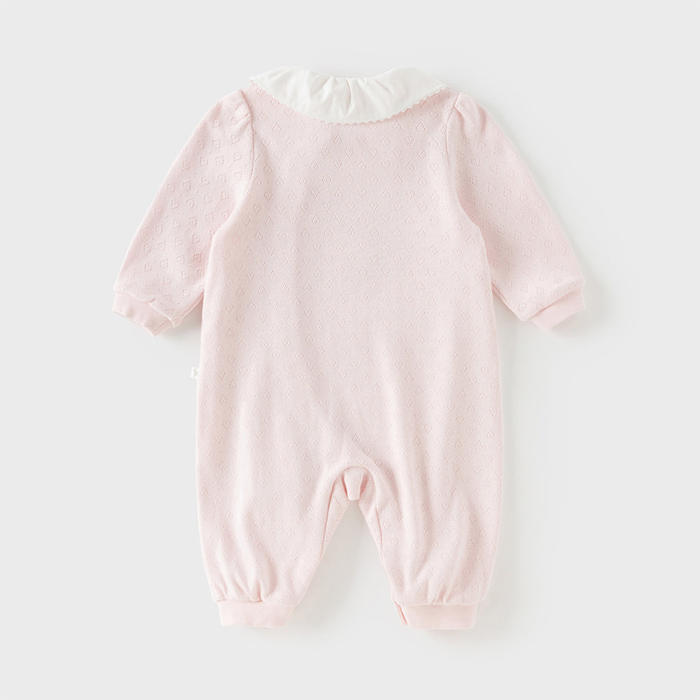 رومبر أطفال بناتي من القطن باللون الوردي الفاتح مع تطريز أرنب وياقة مكشكشة