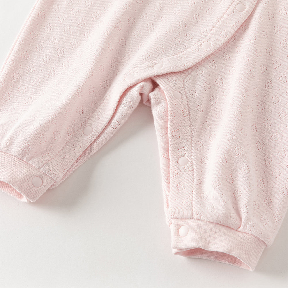 رومبر أطفال بناتي من القطن باللون الوردي الفاتح مع تطريز أرنب وياقة مكشكشة