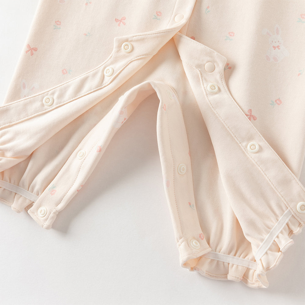 رومبر بناتي بطبعة وردية للرضع – ياقة بيتر بان مع تصميم حمالات مزين بفيونكات