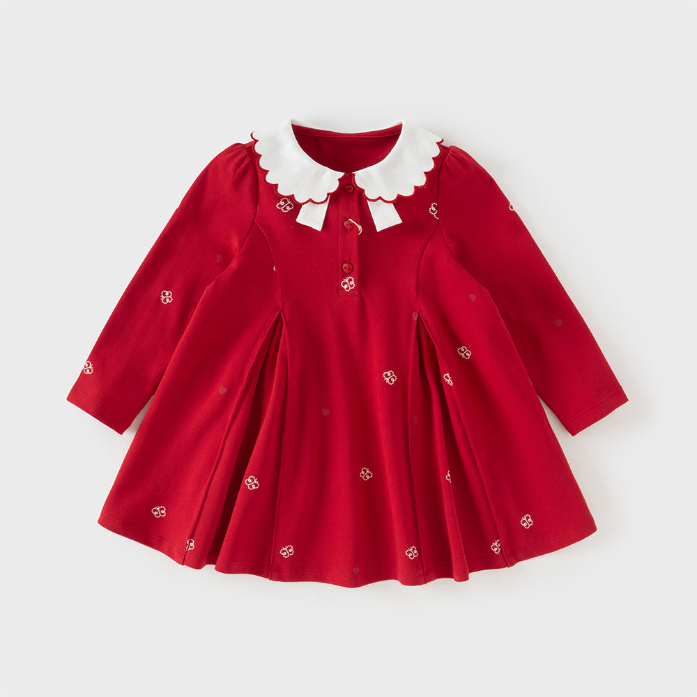 فستان بنات بأكمام طويلة باللون الأحمر بأسلوب أكاديمي