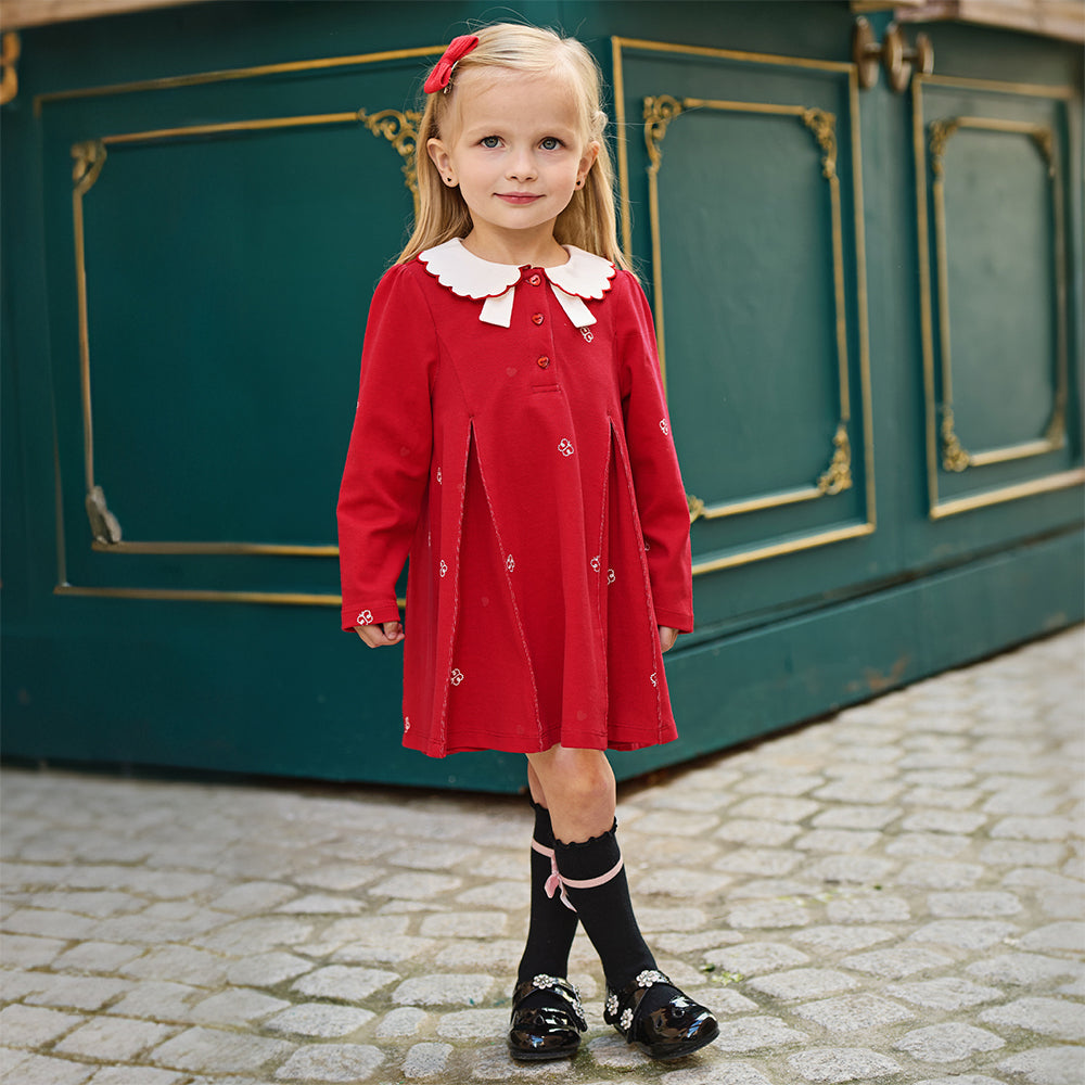 فستان بنات بأكمام طويلة باللون الأحمر بأسلوب أكاديمي