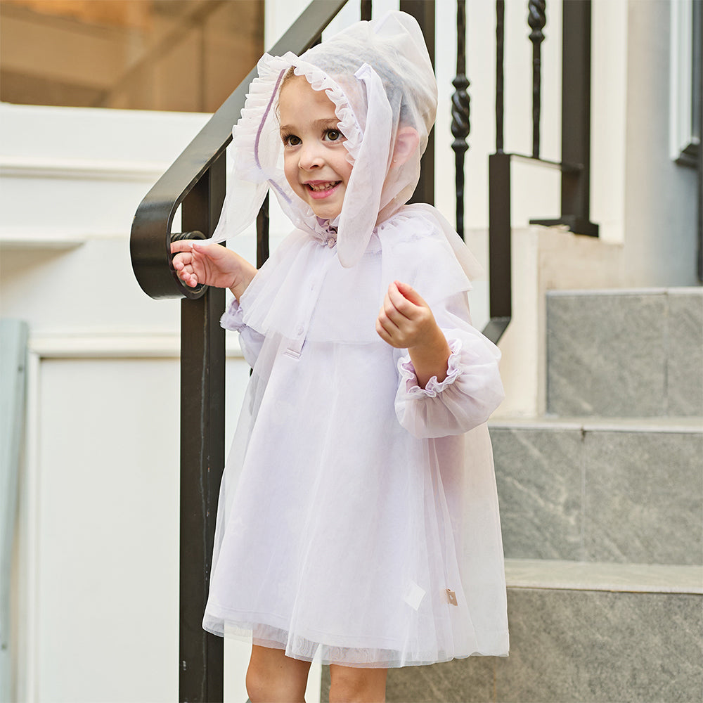 فستان تول بنفسجي طويل الأكمام للبنات، أنيق وعصري (يشمل قبعة)