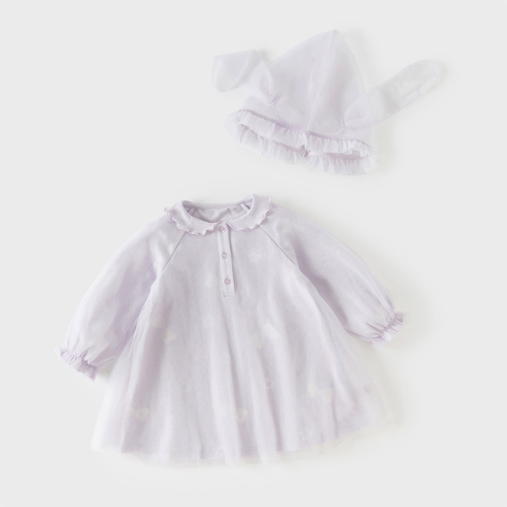 فستان تول بنفسجي طويل الأكمام للبنات، أنيق وعصري (يشمل قبعة)