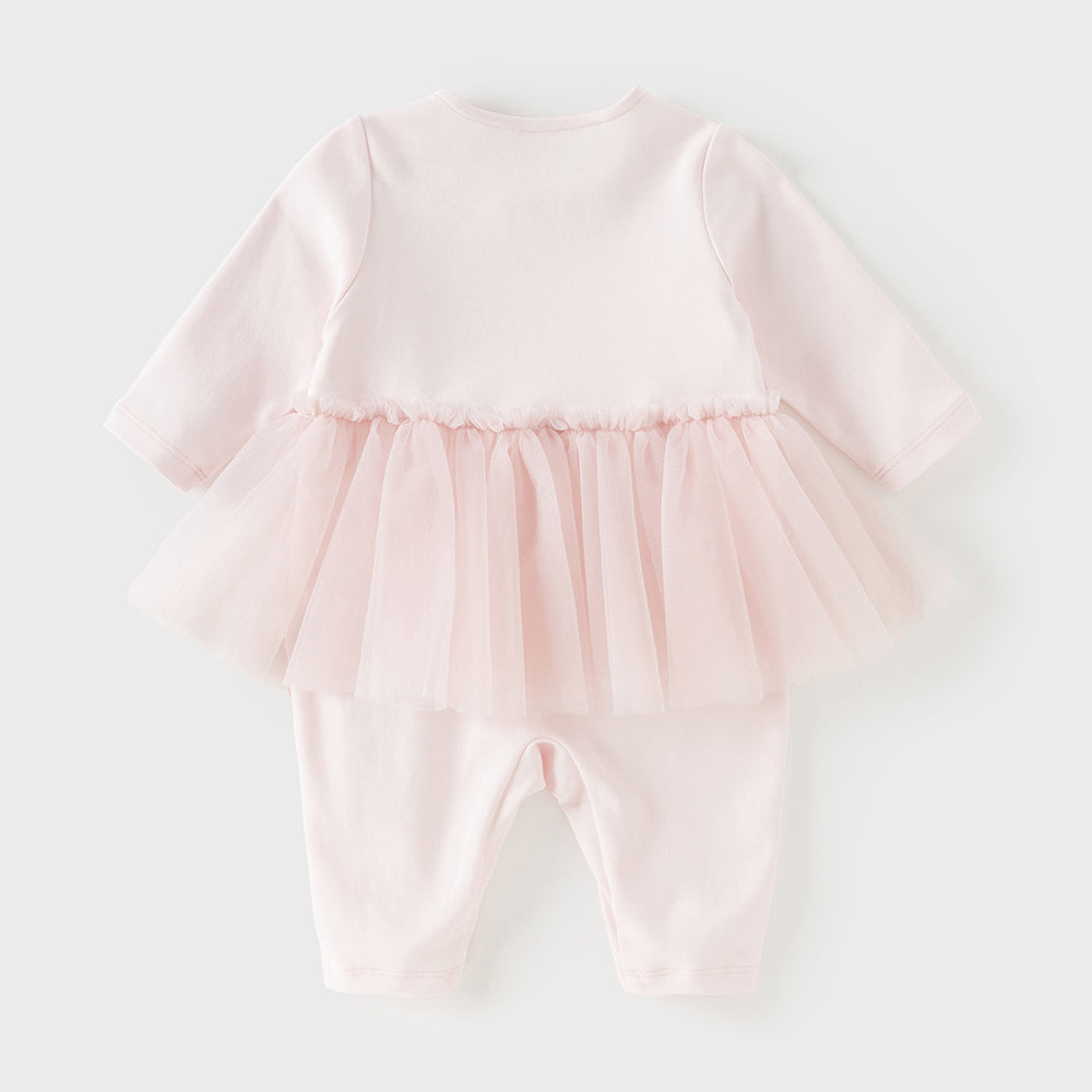 رومبر أميرة للرضيعات باللون الوردي الفاتح – بدلة قطنية مع تنورة تول وتطريز تاج