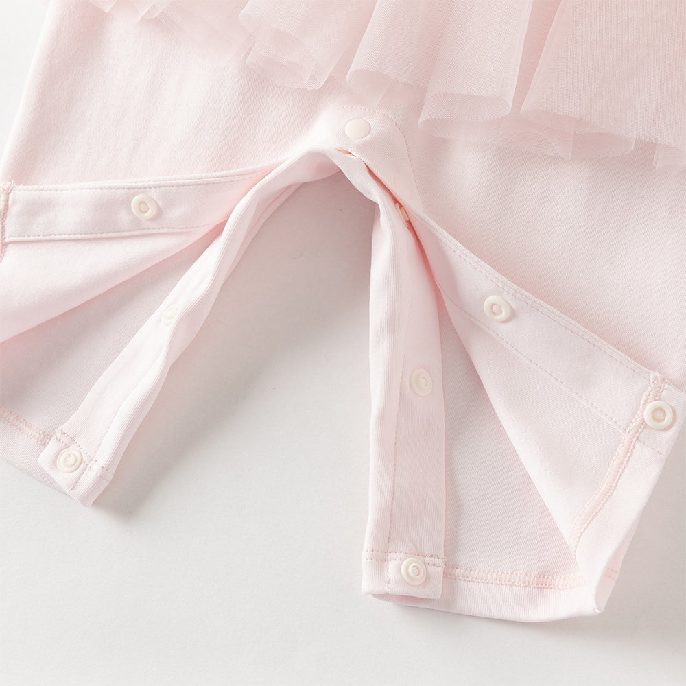 رومبر أميرة للرضيعات باللون الوردي الفاتح – بدلة قطنية مع تنورة تول وتطريز تاج