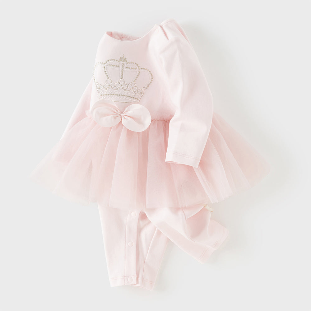 رومبر أميرة للرضيعات باللون الوردي الفاتح – بدلة قطنية مع تنورة تول وتطريز تاج