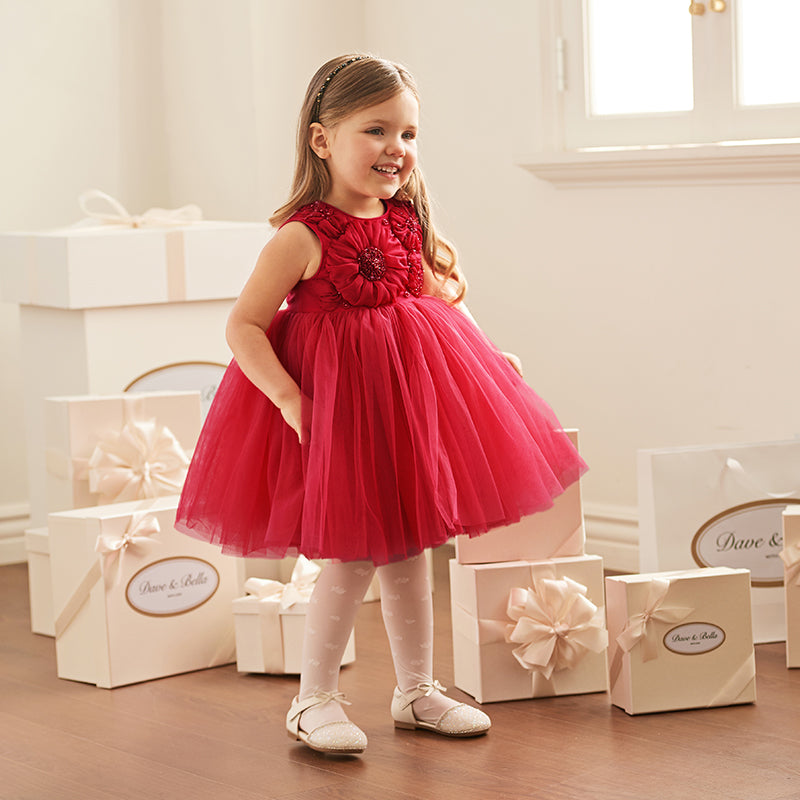 فستان بنات صيفي من التول باللون الأحمر تصميم أميري فاخر