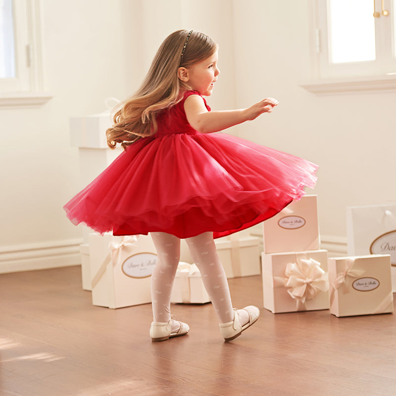 فستان بنات صيفي من التول باللون الأحمر تصميم أميري فاخر