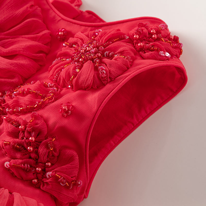 فستان بنات صيفي من التول باللون الأحمر تصميم أميري فاخر