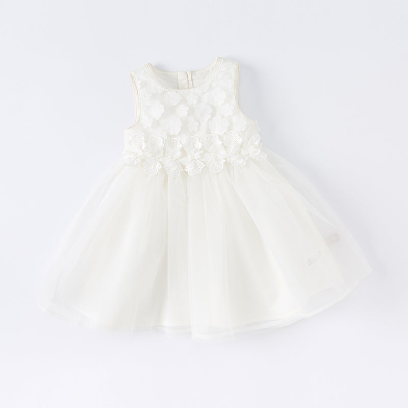 فستان صيفي للفتيات الصغيرات باللون الأبيض بدون أكمام من قماش شبكي على طراز الأميرة