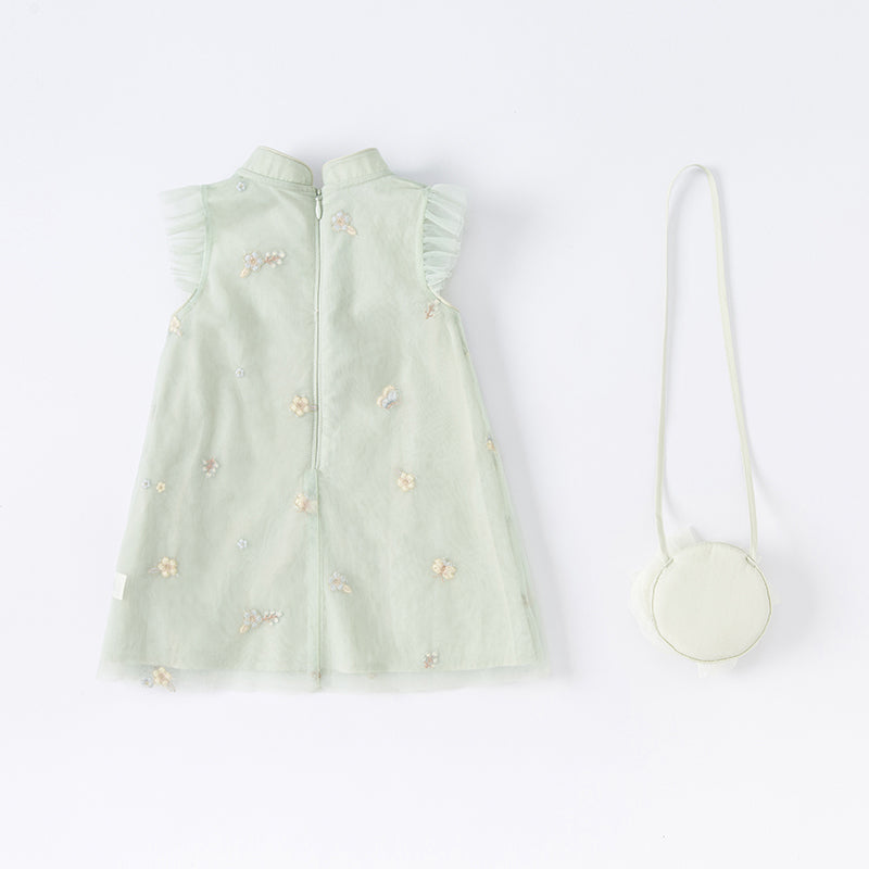 فستان صيفي للفتيات باللون الأخضر مزخرف بالزهور بتصميم حرف A بدون أكمام (يشمل حقيبة عابرة للكتف)