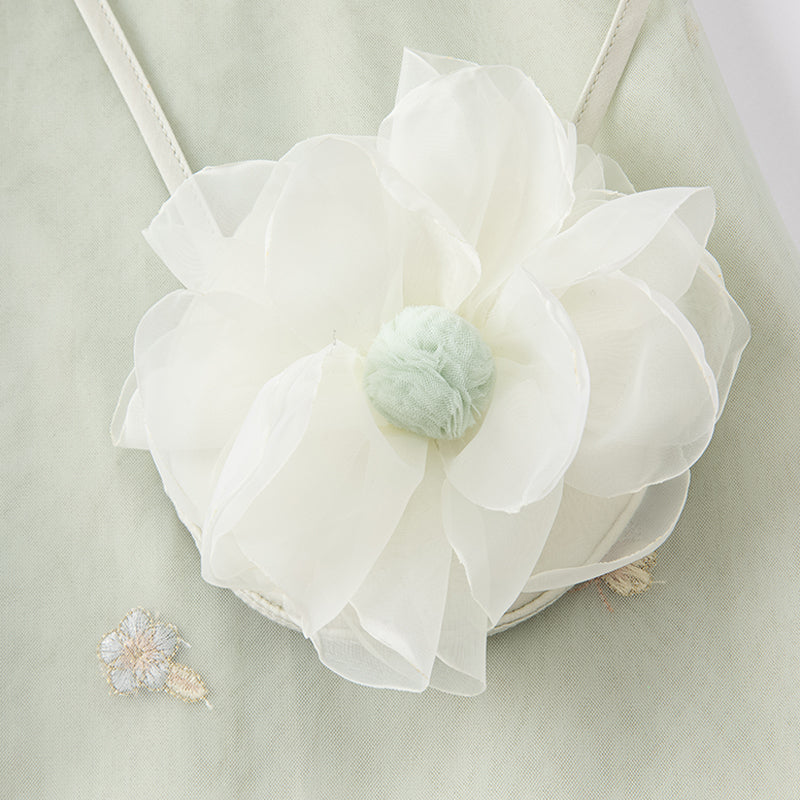 فستان صيفي للفتيات باللون الأخضر مزخرف بالزهور بتصميم حرف A بدون أكمام (يشمل حقيبة عابرة للكتف)