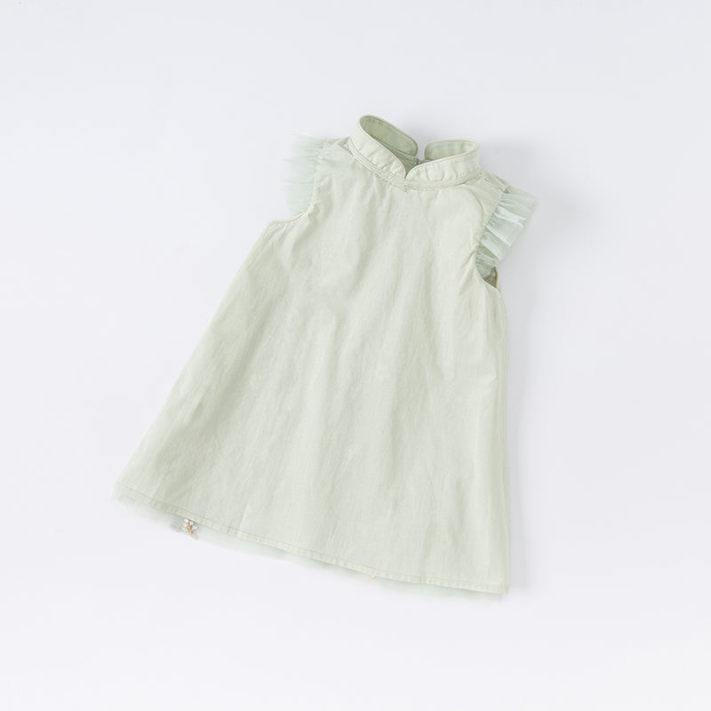 فستان صيفي للفتيات باللون الأخضر مزخرف بالزهور بتصميم حرف A بدون أكمام (يشمل حقيبة عابرة للكتف)