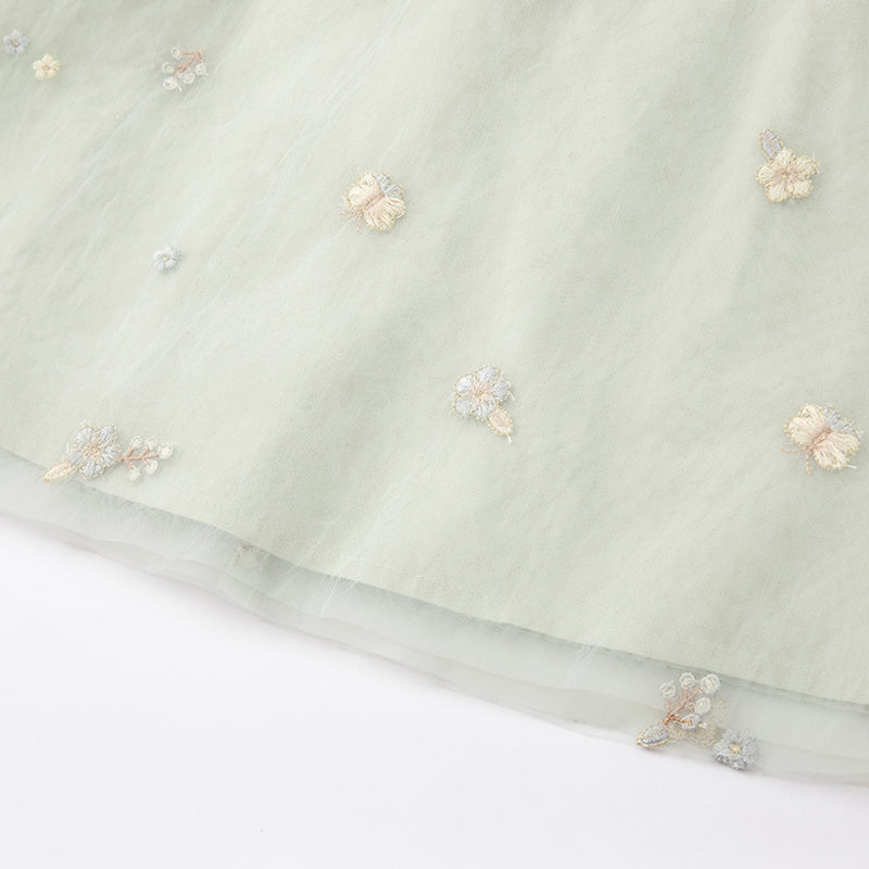 فستان صيفي للفتيات باللون الأخضر مزخرف بالزهور بتصميم حرف A بدون أكمام (يشمل حقيبة عابرة للكتف)