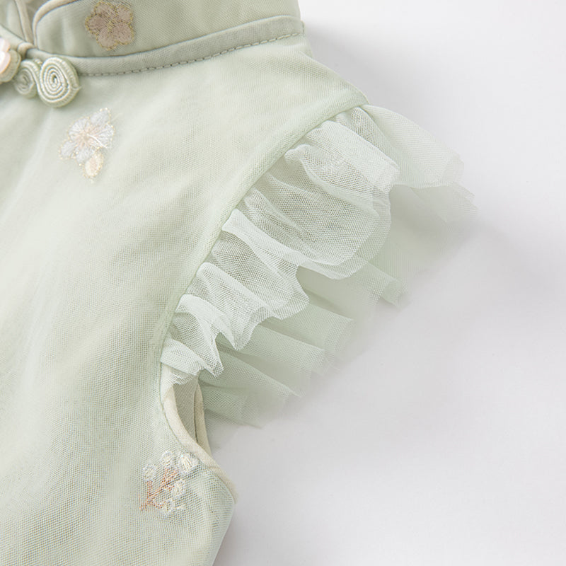 فستان صيفي للفتيات باللون الأخضر مزخرف بالزهور بتصميم حرف A بدون أكمام (يشمل حقيبة عابرة للكتف)