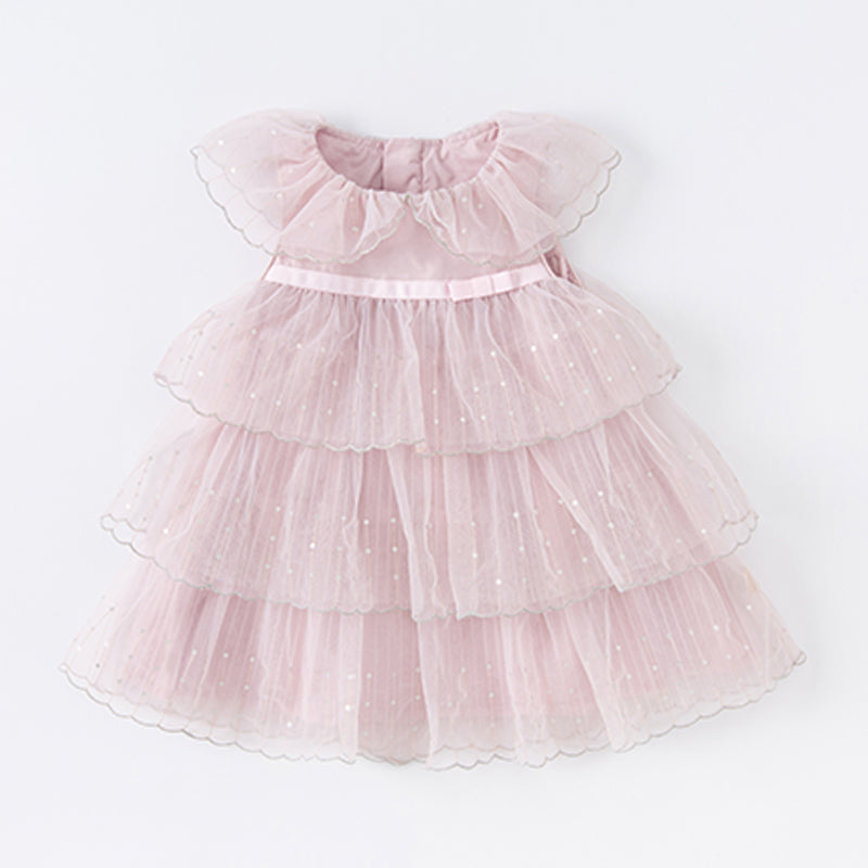 فستان بنات صيفي من التول بالبنفسجي الفاتح بأسلوب أميرة بتنورة متعددة الطبقات