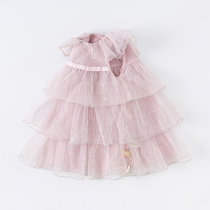 فستان بنات صيفي من التول بالبنفسجي الفاتح بأسلوب أميرة بتنورة متعددة الطبقات