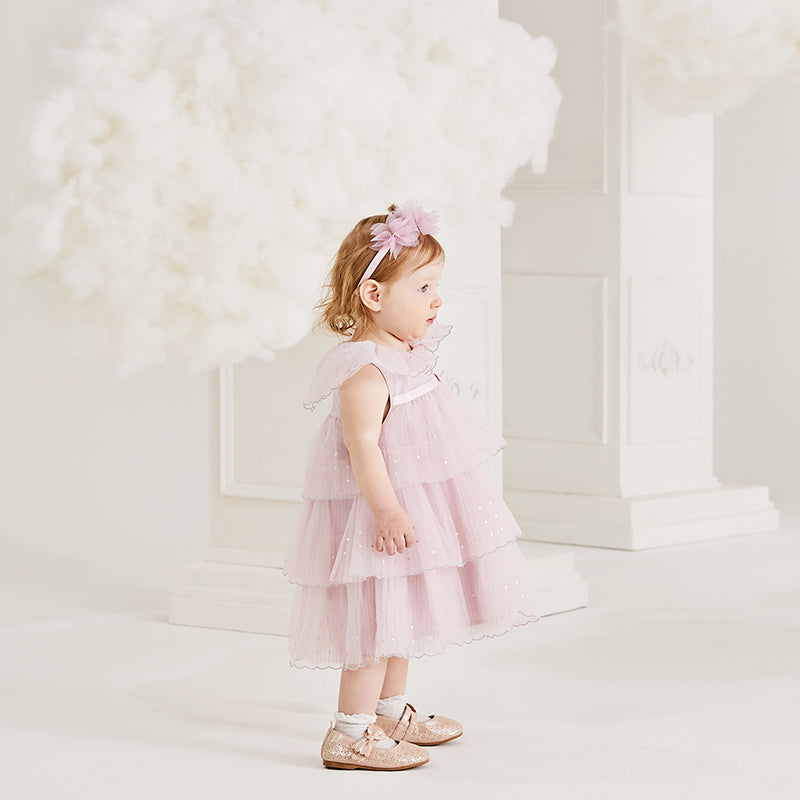 فستان بنات صيفي من التول بالبنفسجي الفاتح بأسلوب أميرة بتنورة متعددة الطبقات