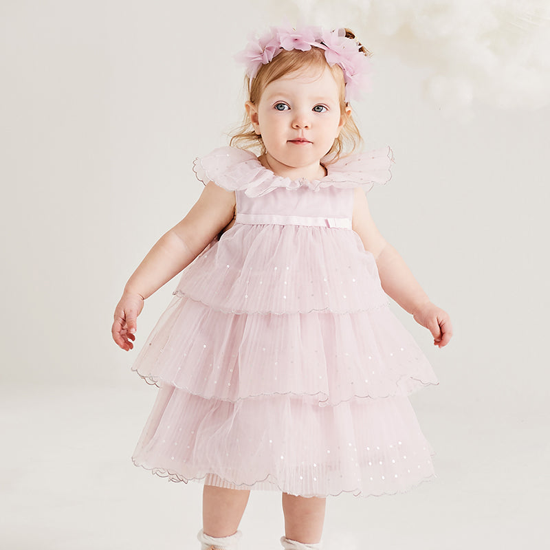 فستان بنات صيفي من التول بالبنفسجي الفاتح بأسلوب أميرة بتنورة متعددة الطبقات