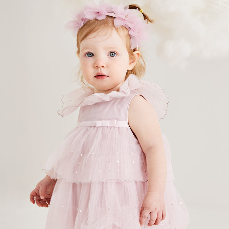 فستان بنات صيفي من التول بالبنفسجي الفاتح بأسلوب أميرة بتنورة متعددة الطبقات