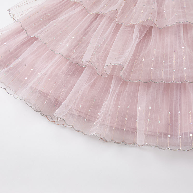 فستان بنات صيفي من التول بالبنفسجي الفاتح بأسلوب أميرة بتنورة متعددة الطبقات