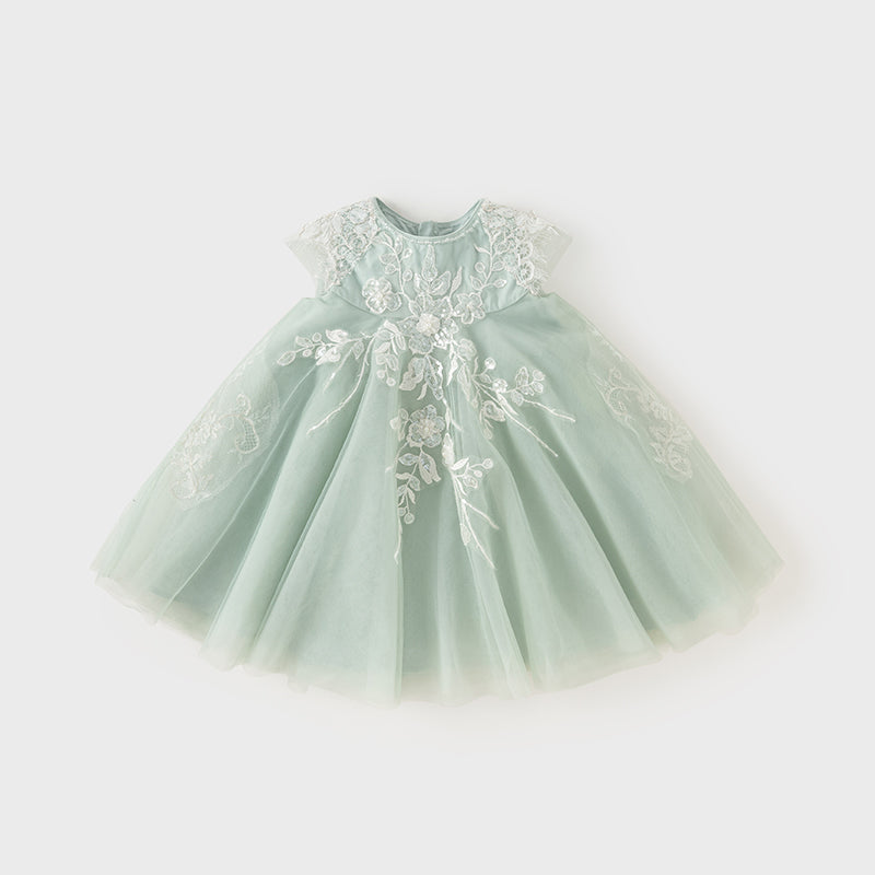 فستان صيفي للبنات باللون الأخضر من التول مع دانتيل مطرز بتصميم فاخر