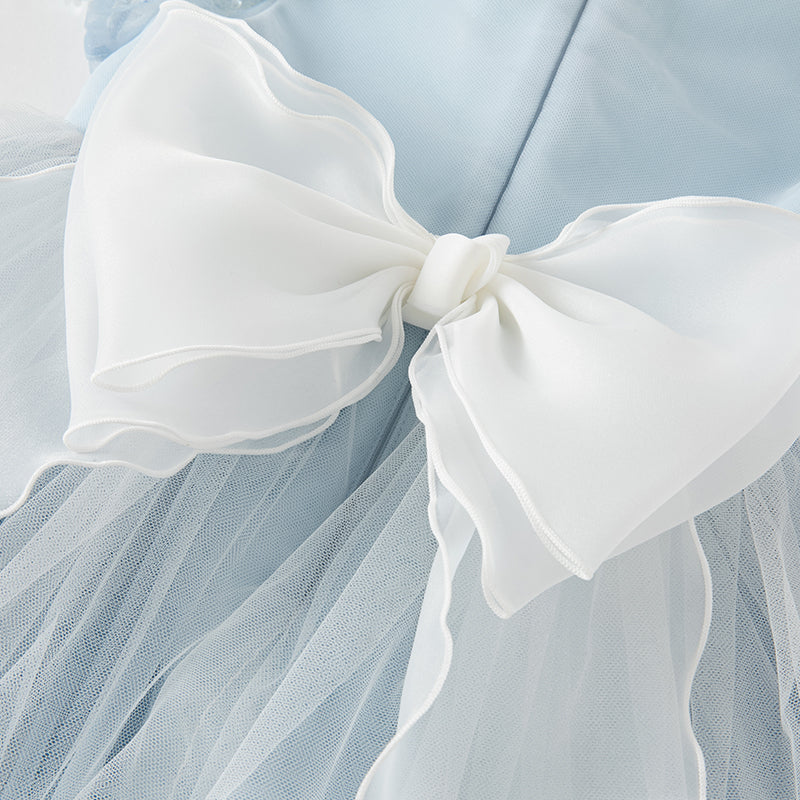 فستان أميرة شبكي مزين بتطريز وترتر للبنات للصيف باللون الأزرق الفاتح