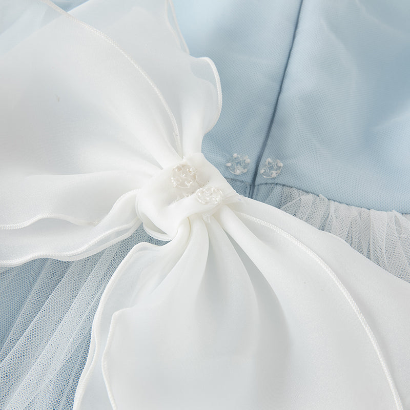 فستان أميرة شبكي مزين بتطريز وترتر للبنات للصيف باللون الأزرق الفاتح