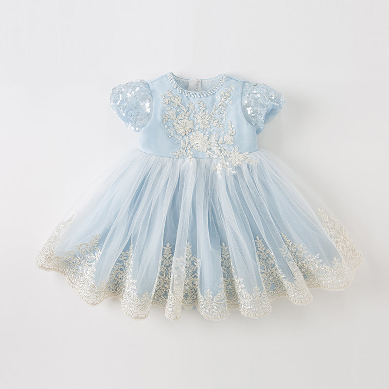 فستان أميرة شبكي مزين بتطريز وترتر للبنات للصيف باللون الأزرق الفاتح