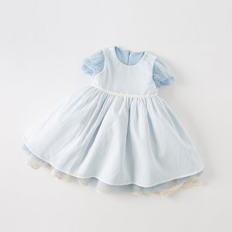 فستان أميرة شبكي مزين بتطريز وترتر للبنات للصيف باللون الأزرق الفاتح