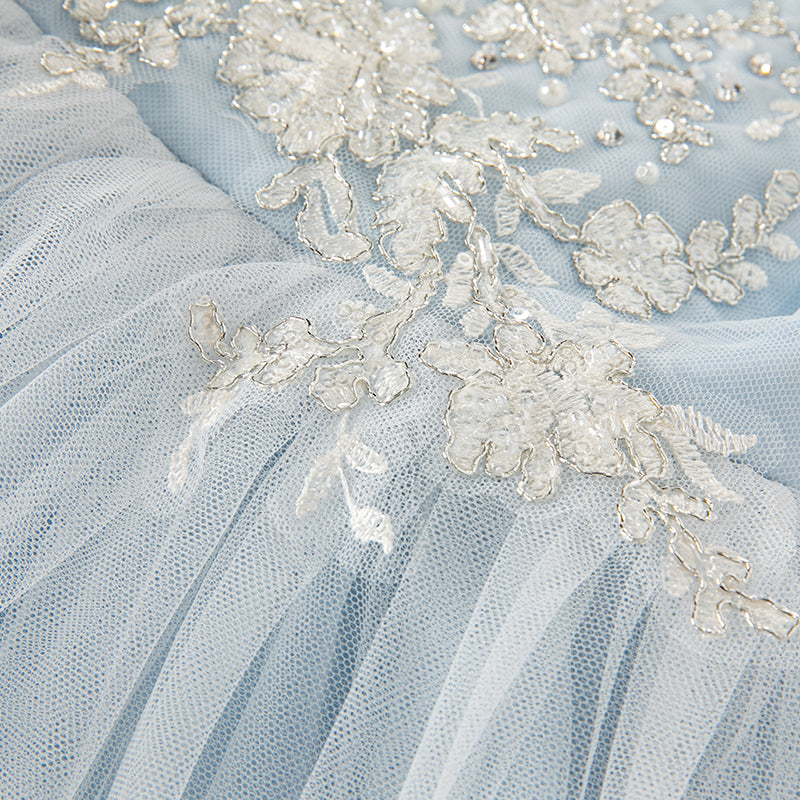 فستان أميرة شبكي مزين بتطريز وترتر للبنات للصيف باللون الأزرق الفاتح