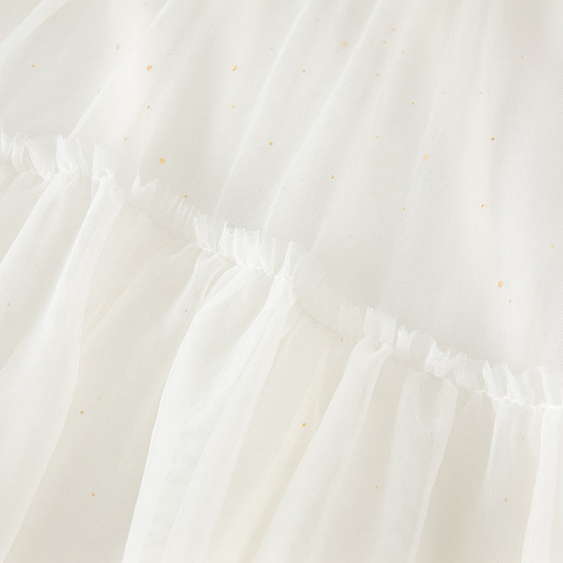 فستان شبكي أبيض صيفي للفتيات مع تطريز ووشاح كتف زخرفي (يشمل حقيبة كروس)